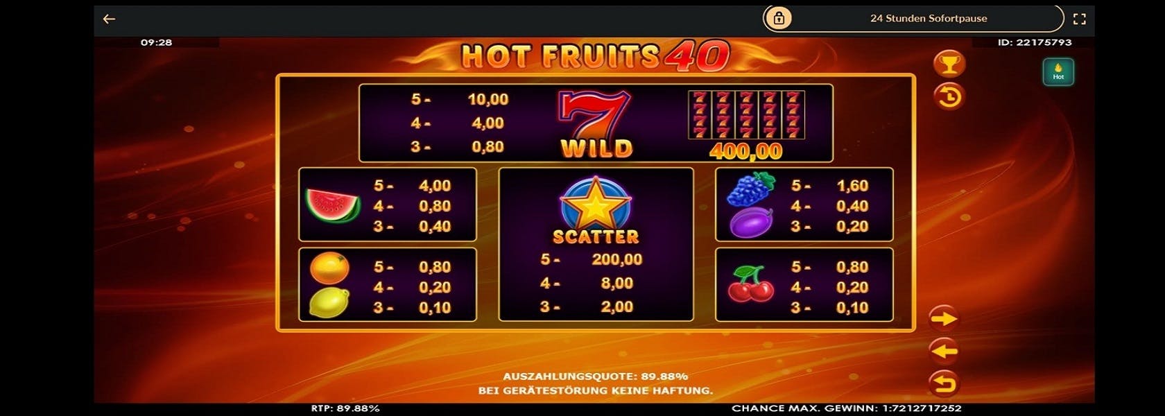Screenshot der Auszahlungstabelle des Online Slots Hot Fruits 40