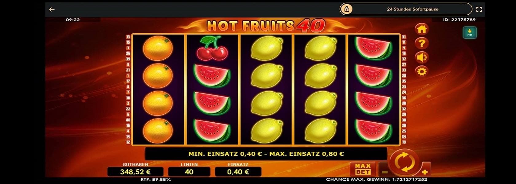 Screenshot der Hauptansicht des Online Slots Hot Fruits 40