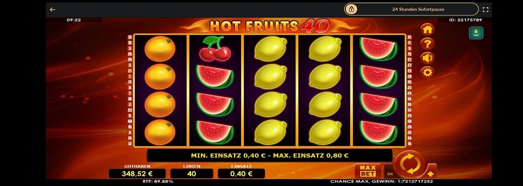 Screenshot der Hauptansicht des Online Slots Hot Fruits 40