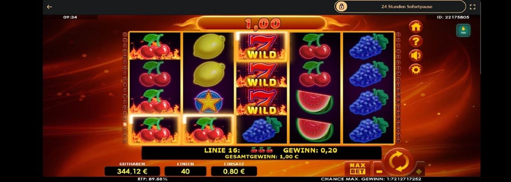 Screenshot einer Gewinnkombination des Online Slots Hot Fruits 40